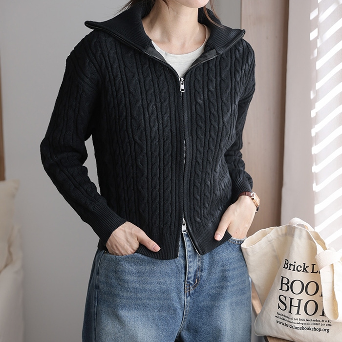 [韓国ファッション] ハイネック演出 ツーウェイ ジップアップ ケーブル 長袖 ニット カーディガン 4COLOR