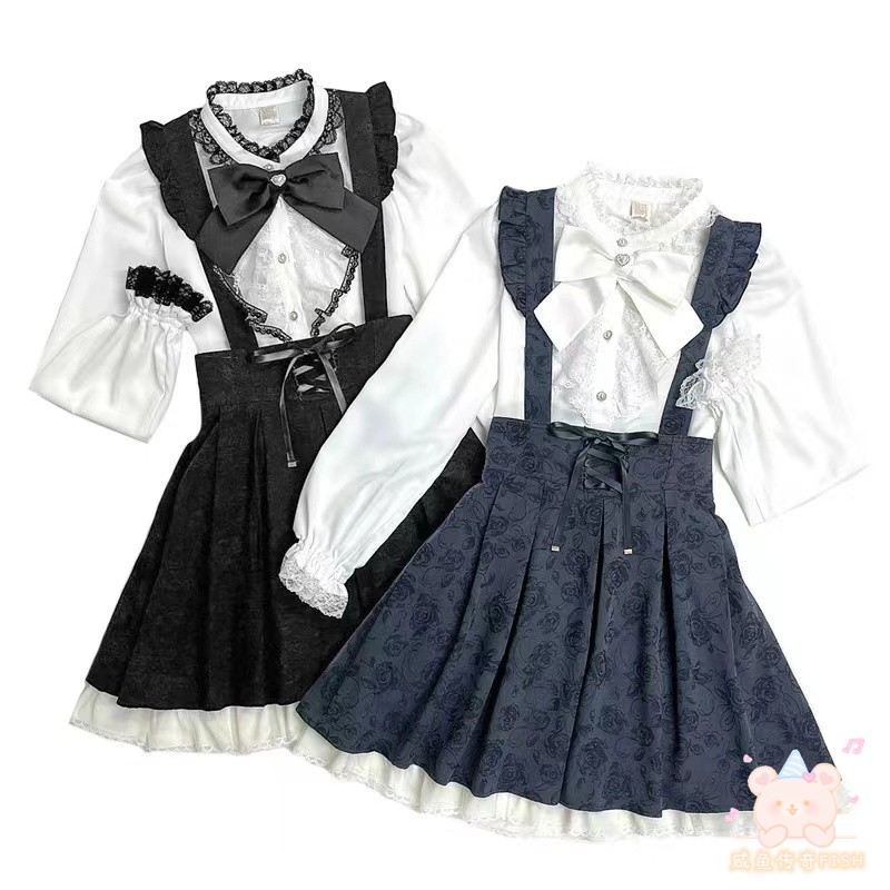 lolita地雷パーカーロリータ ワンピース ゴスロリドレスローズダークパターンクラシックリボンレーススプライシング地雷量産サスペンダースカート