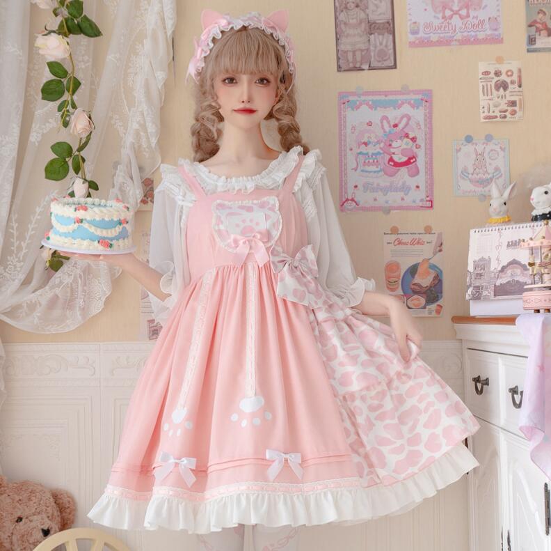 猫柄 ロリータワンピース 可愛いロリータ服 ジャンパースカート 甘ロリータ プリンセスドレス 可愛いワンピース プリント柄 フレアワンピース 萌えLolita 大人コスチューム ゴスロリ ハロウィン