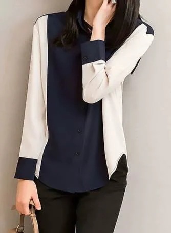 バイカラー トップス シャツ ブラウス 袖あり 長袖 バルーンスリーブ 襟付き ストレート ボタン