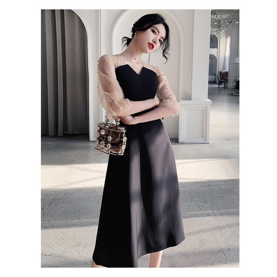 袖ありワンピース パーティードレス ミモレ丈ドレス ウエディングドレス 10代 20代 30代 40