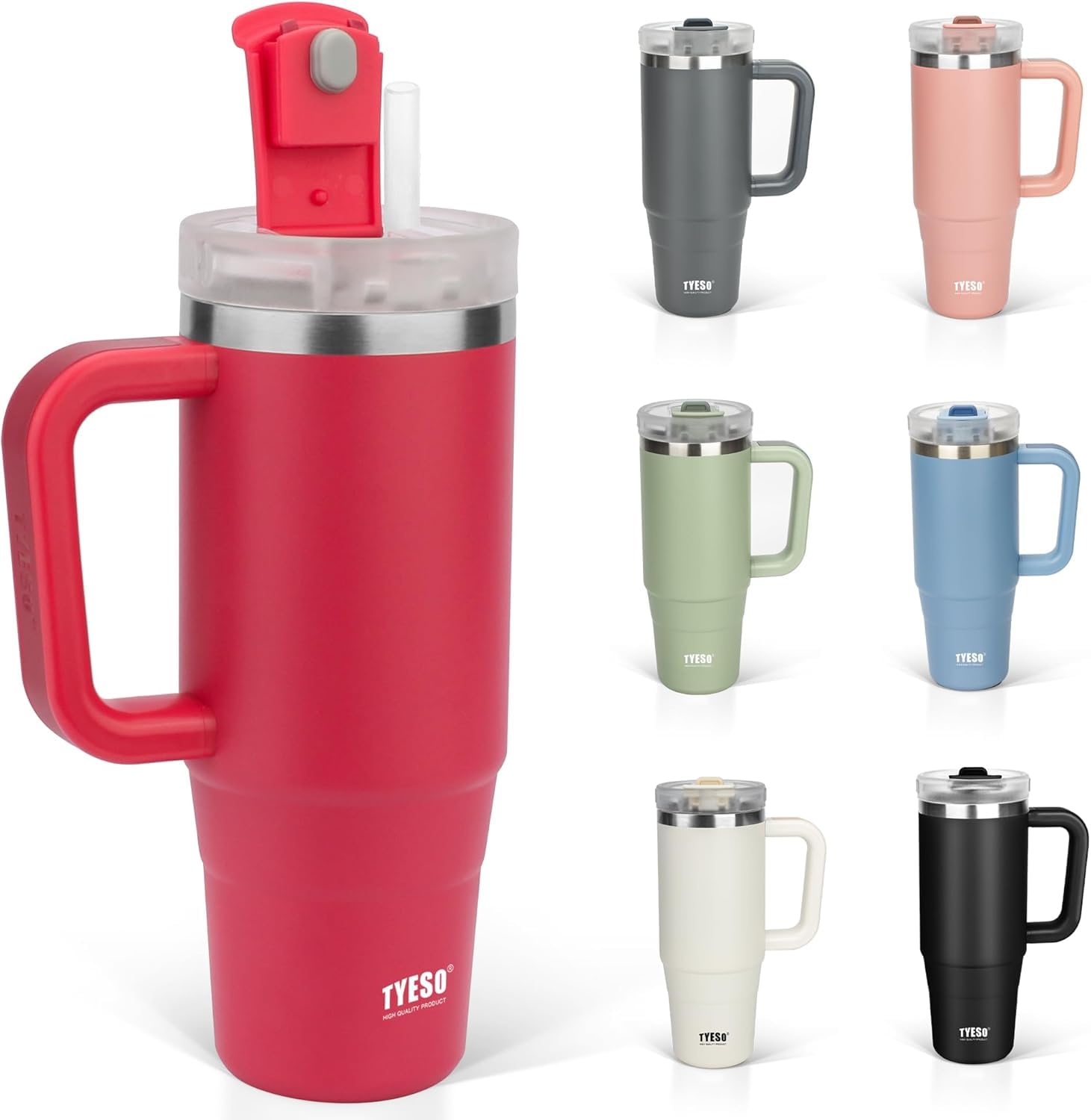 ΤYESO タンブラー 0.9L 水筒 保冷 ステンレスボトル ウォーターボトル ストロー 取っ手付き ジョッキ アウトドア 真空断熱 二重構造 広口 大容量 直飲 女の子 男の子 900ml レッド
