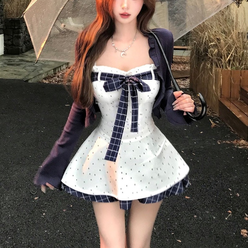 ニットカーディガンとリボン付きのカラーブロックドレスが入った甘くてエレガントなプレッピースタイルのレディースツーピースセット春と秋にぴったりです