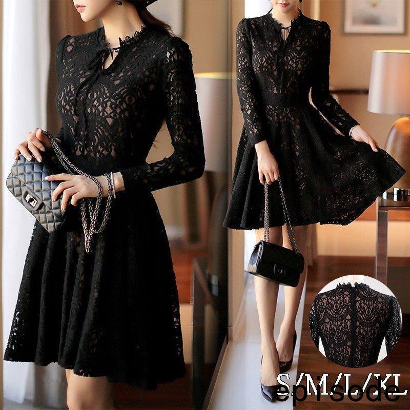 膝丈ワンピース 結婚式 黒 総レース レディース ワンピースドレス 春 長袖レースワンピース ひざ丈ワンピ ショット丈 女性 大人 オシャレ