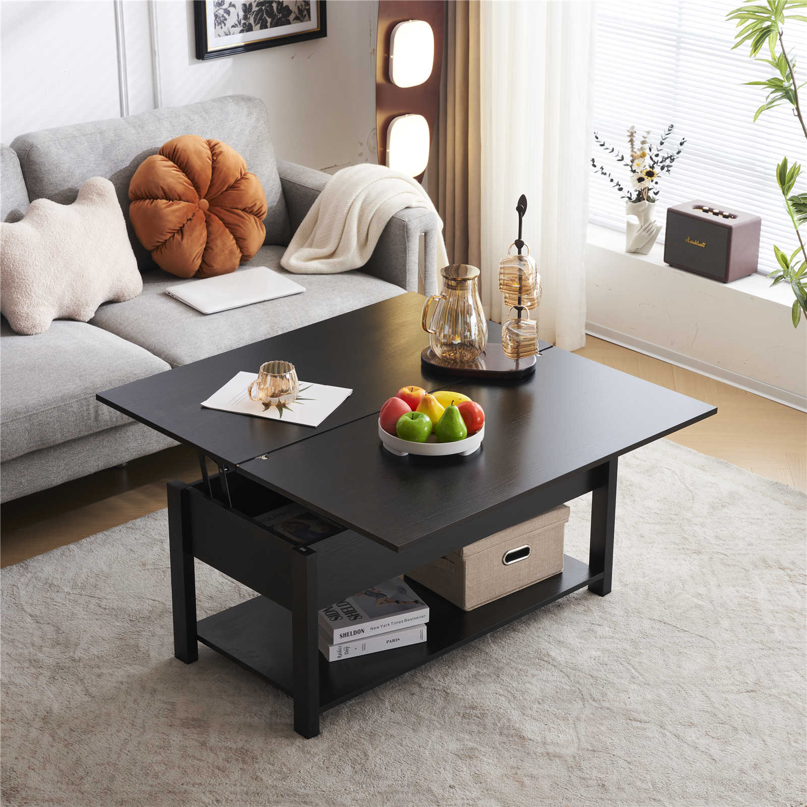 【日本国内出荷-3日で配達】韓国版 実用のローテーブル ファッション 収納付き センターテーブル 天板昇降式 天板2倍展開可能 大容量 簡単開閉 昇降式 収納テーブル おしゃ DJYC107