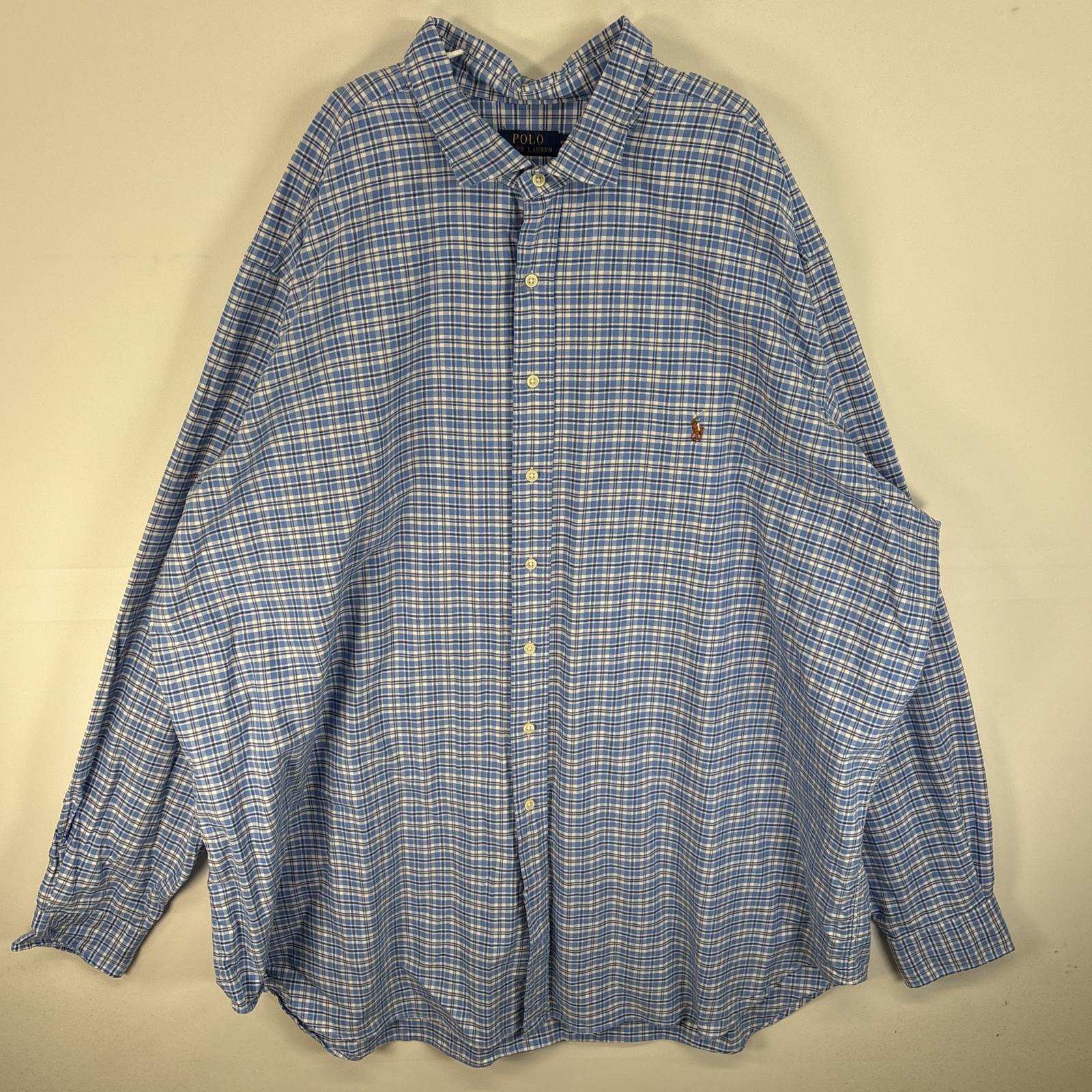 古着 長袖シャツ ロゴ 刺繍 大きいサイズ 4XLT ブルー系 チェック メンズ