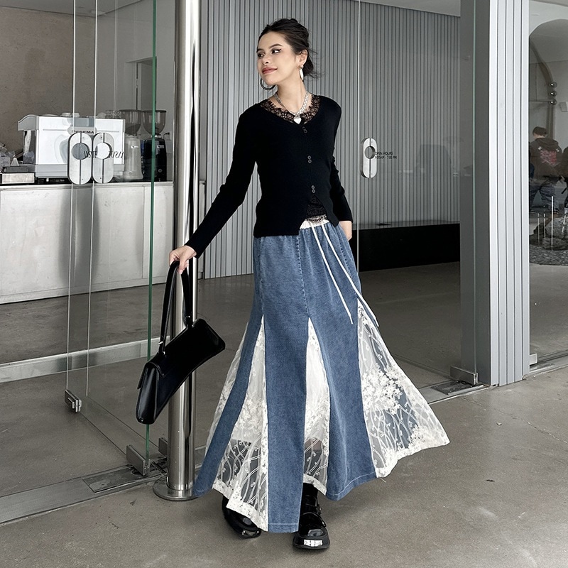 【J.Fashion】 デニム レースドッキング スカート おしゃれ 個性的なデザイン レディース Aライン ハイウエスト マーメイド スカート メガ割