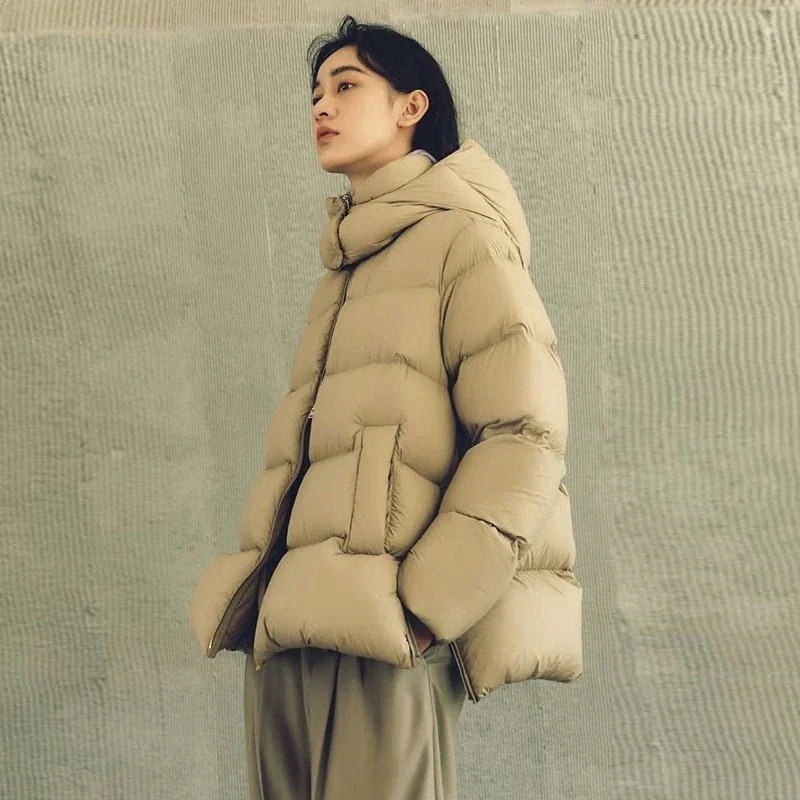 90% ホワイトダックダウン フード付き ゆったり ダウンジャケット レディース 2026冬 加厚 サイドジッパー