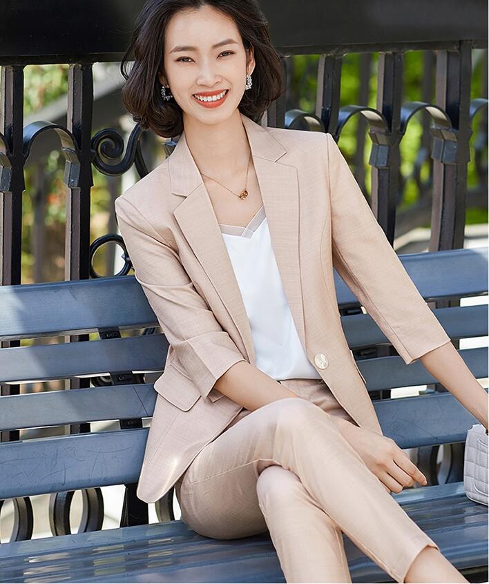 韓国風洗えるスーツ2点セットレディース着痩せOL通勤フォーマル女性7分袖ジャケット+ズボン