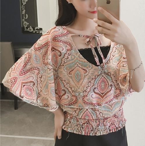 2215.エスニック柄 Vネック トップス(サーモンピンク)