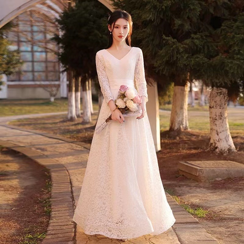 韓国ファッション ウエディングドレス Aライン 二次会 袖あり 長袖 購入 白 花嫁 エンパイア シンプル 披露宴 前撮り ブライダル ロングドレ編上げタイプ ワンピース レディース