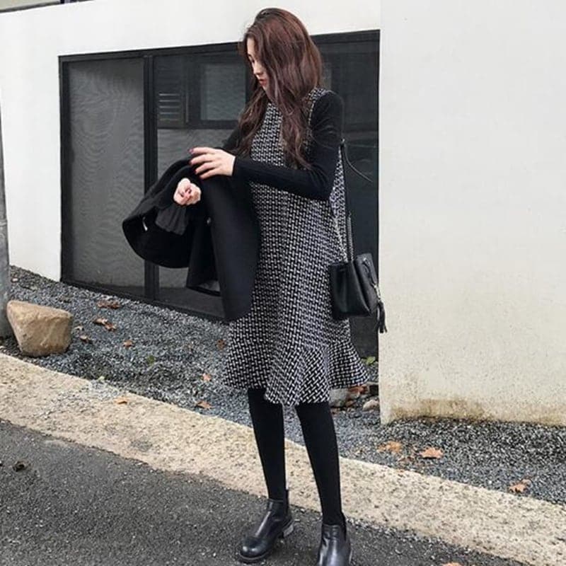 ワンピース レディース 膝丈 セーターワンピース 2点セット ニットセーター チェック ベストワンピ