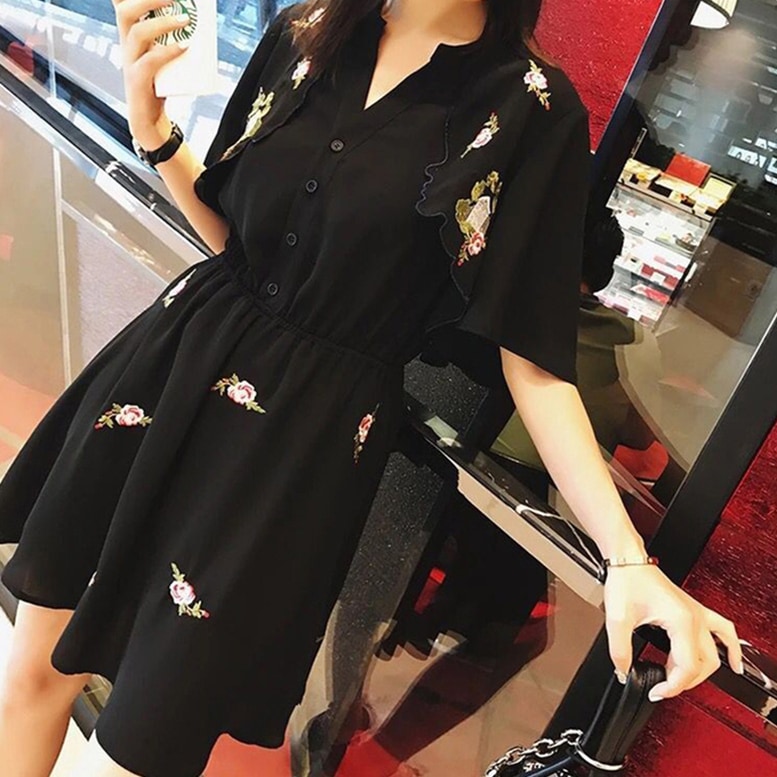 シャツドレス レディース ワンピース ロングシャツ 花柄 刺繍 ウエストゴム フレア チュニック丈 シャツ ノーカラー 半袖 ボリュームスリーブ フレアスリーブ ボタニカル フラワー 黒 ブラック