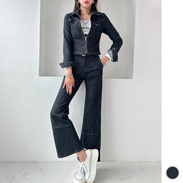 セットアップ レディース デニム ジップアップ ジャケット 長袖 綿 ワイド ロングパンツ アンサンブル カジュアル おしゃれ 春 秋 韓国 to27870