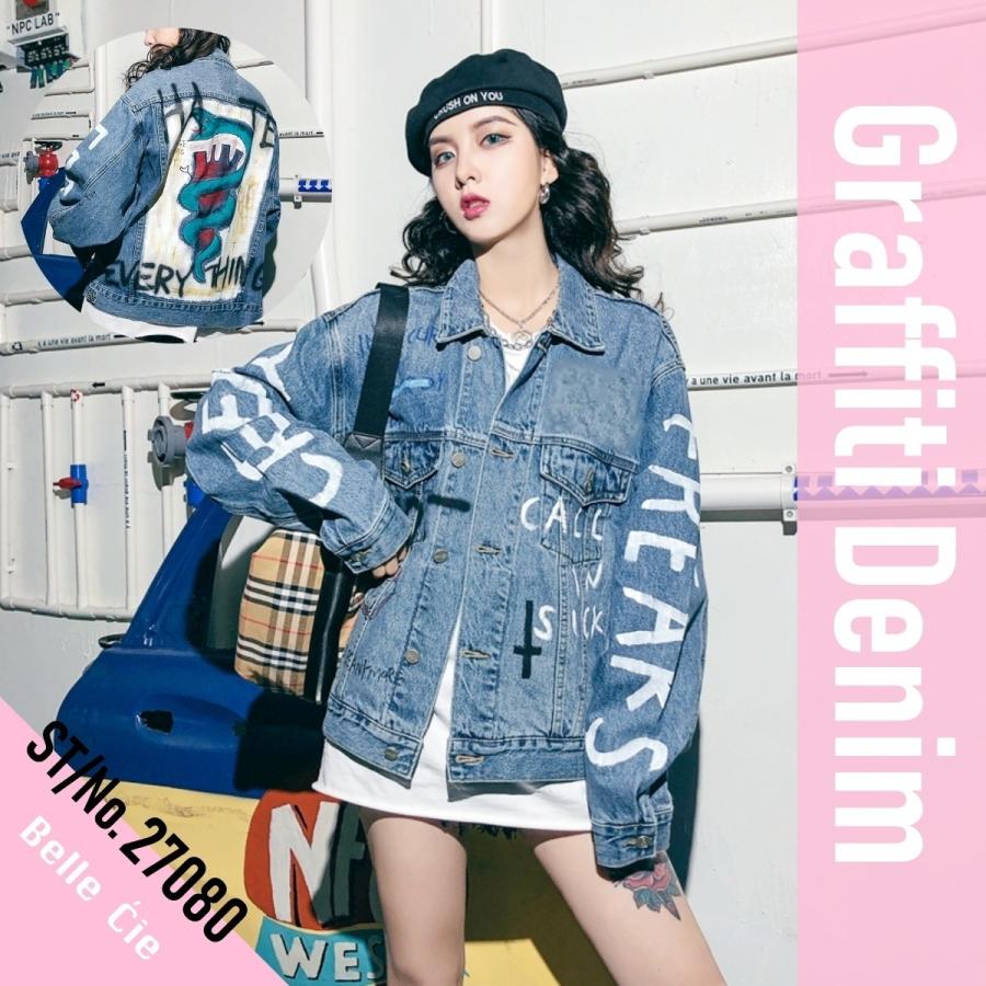 Gジャン レディース 手書きペイント オルチャン デニム 春アウター