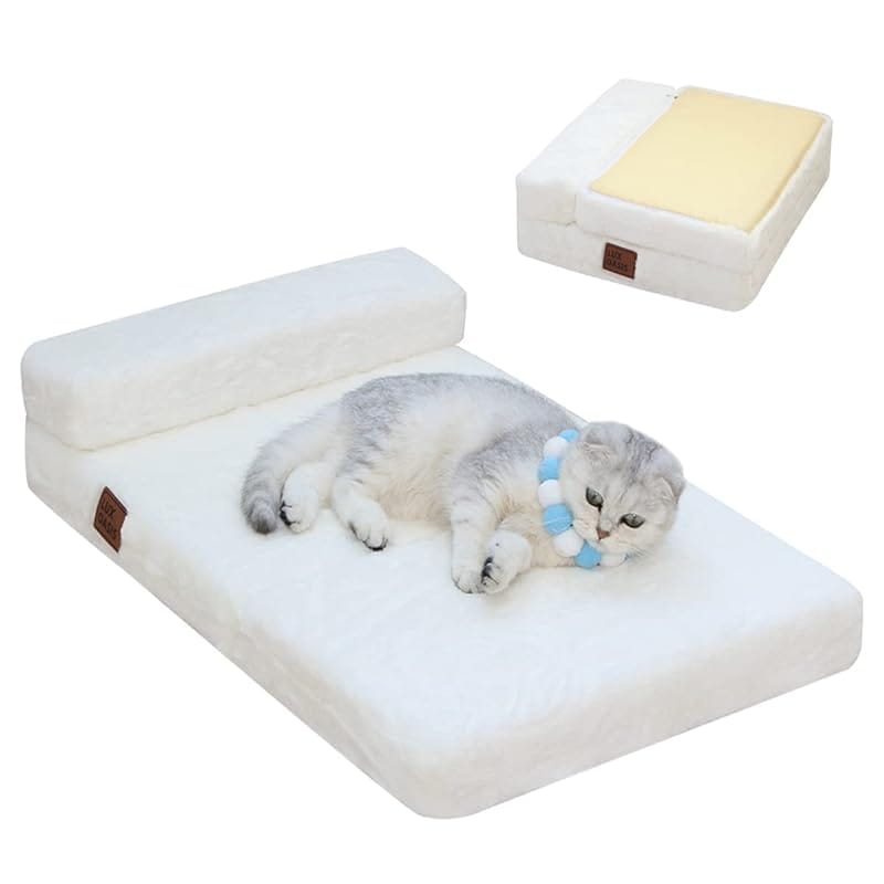 Lux Oasis 犬ベッド 猫ベッド ペットクッション 折りたたみ式 枕付き 高反発 春夏秋冬 通気性 蒸れにくい 滑り止め 洗える (M, 白)