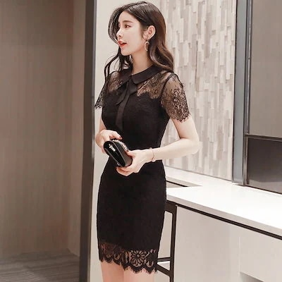 夏 レディース スウィート リボン スリムフィット スレンダー レース ブラック 半袖 ドレス
