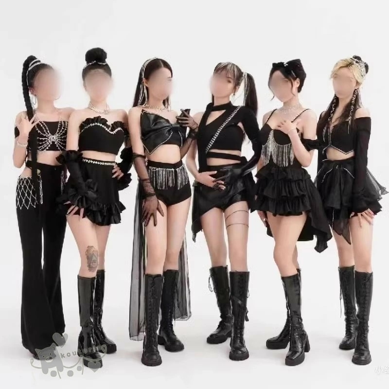 k-pop 衣装 黒 ダンス衣装 セットアップ 大人 レディース 韓国 アイドル 衣装 タンクトップ へそ出し 肩出し スカート ダンス衣装 K-POP レディース 応援団 高校生 チーム 練習着 ギ