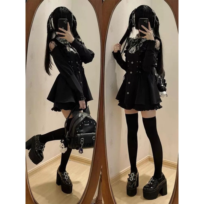 ロリータ ダーク レース系 少女感 レース パッチワーク ウエスト絞り スリム効果 ワンピース ハイウエスト スリム効果 フリル ミニスカート 4,965円
