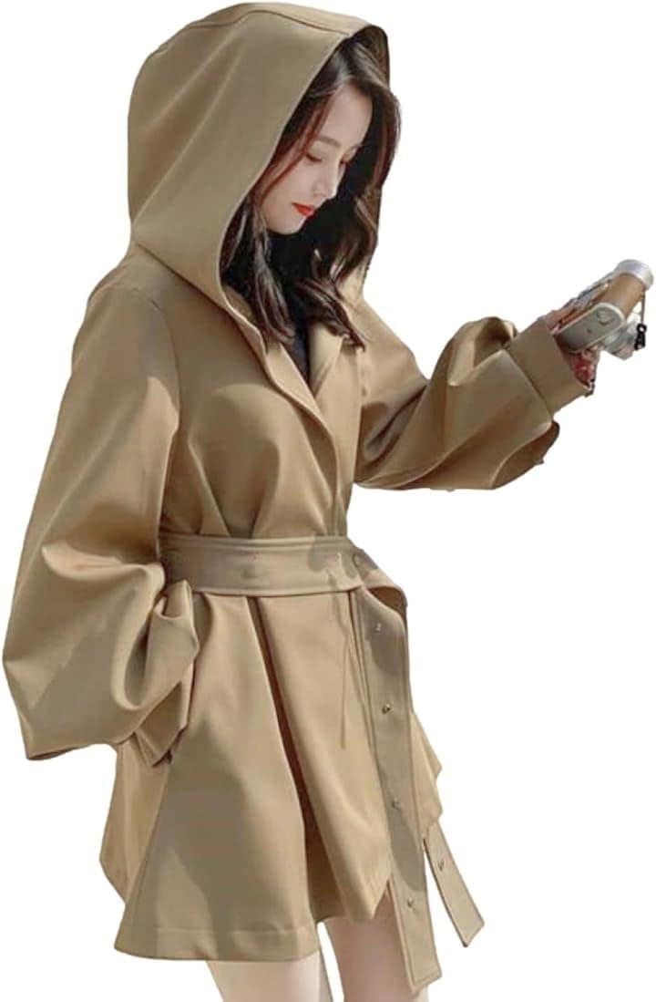 コート レディース トレンチ スプリング フード付 バルーンスリーブ Aライン ポンチョ ベルト付 ショート丈 オシャレ着 カジュアル 腰周り フーデットコート(ベージュ, XL)
