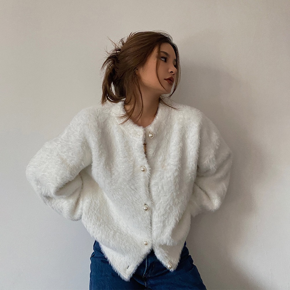 パールボタンカーディガン ニットカーディガン カーディガン イミテーションミンク 秋冬 アメカジ a3656