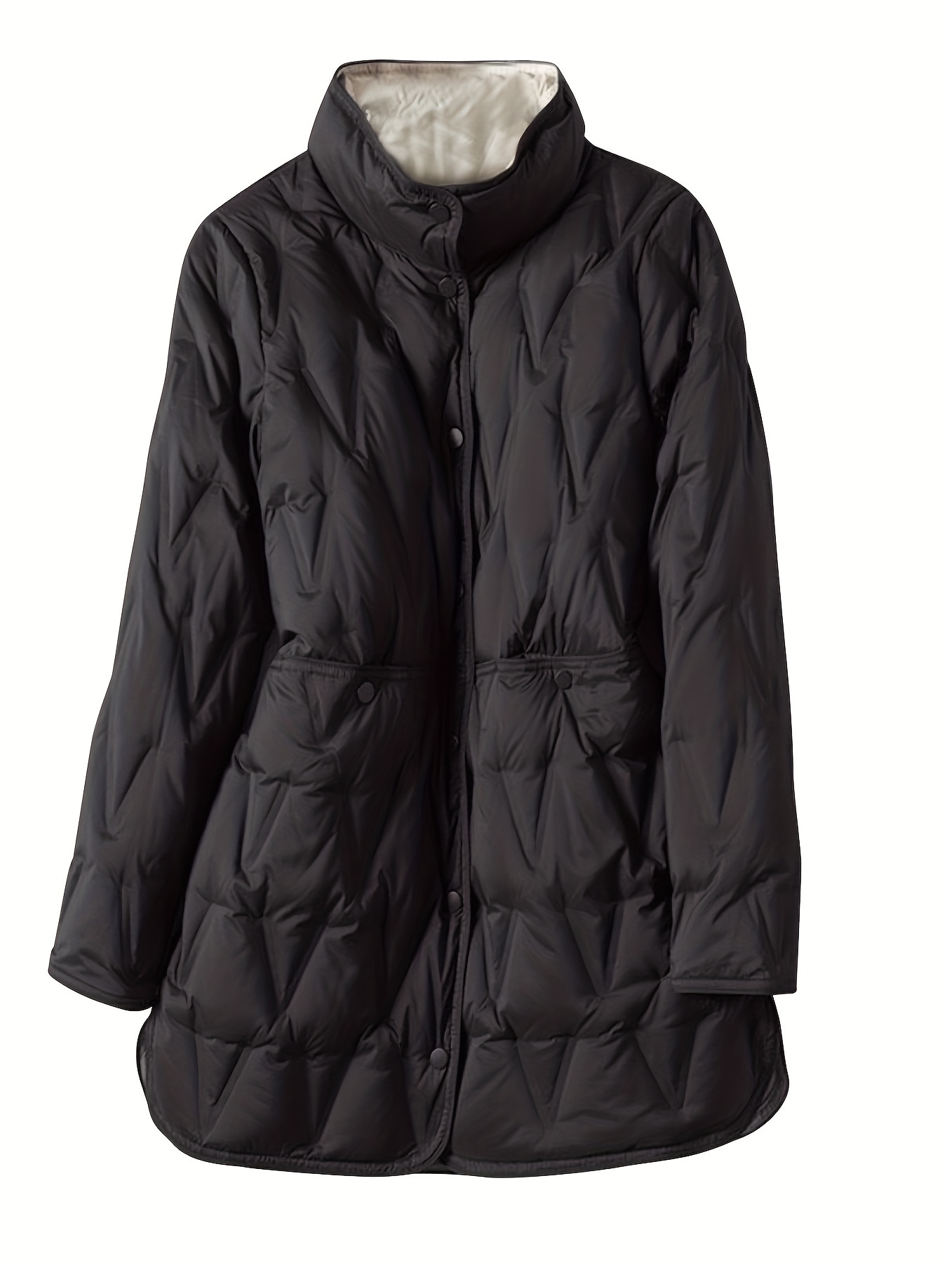 1pc RunElves レディース エレガント キルティング ダウンジャケット - ミドル丈 軽量 暖かい スタンドカラー ホワイトダックダウン充填 無地 リベット装飾 ナイロン生地 秋/冬 アウタ