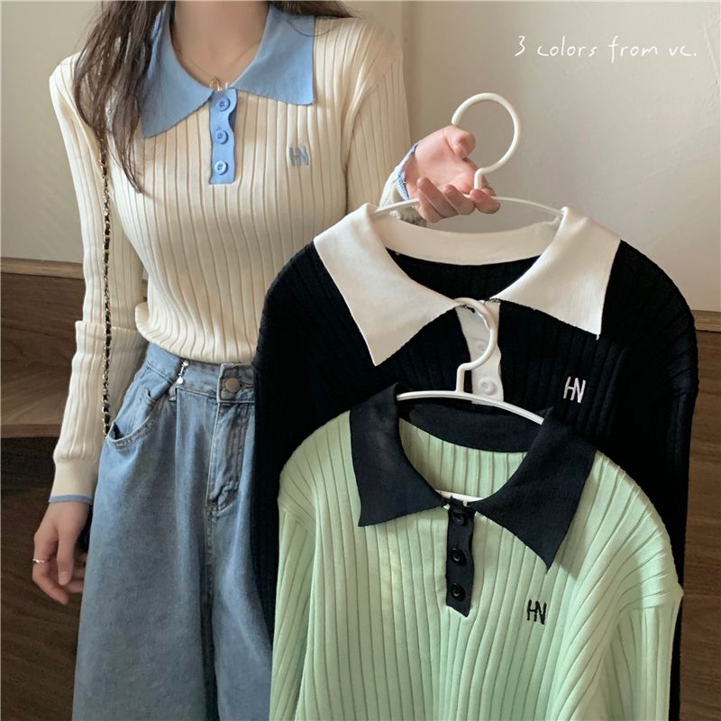 ベーシックニット ポロネックセーター 2024 秋 長袖 ニットボトムシャツ レディース トップス