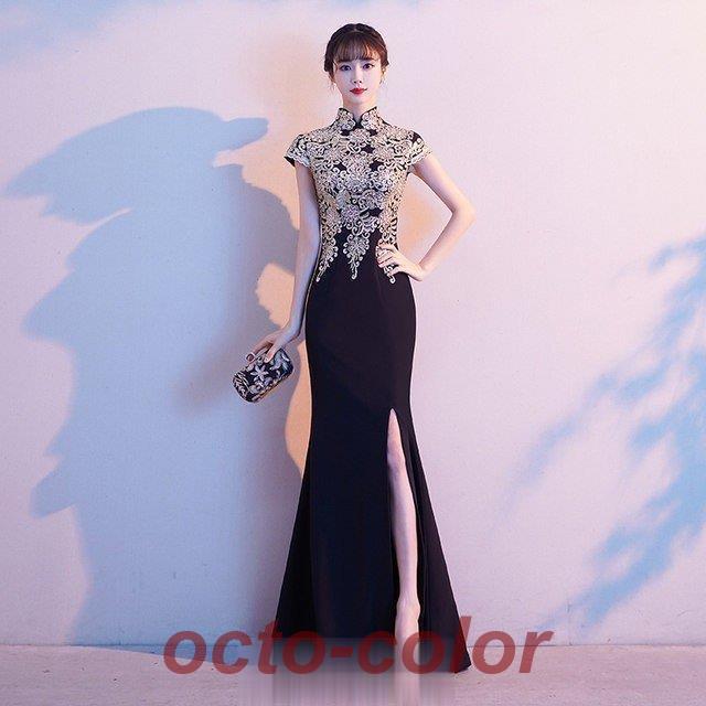 イブニングドレス ロング 黒 刺繍 キレイめ チャイナドレス スリット ドレス マーメイドライン パーティードレス 高級 二次会 お呼ばれドレス