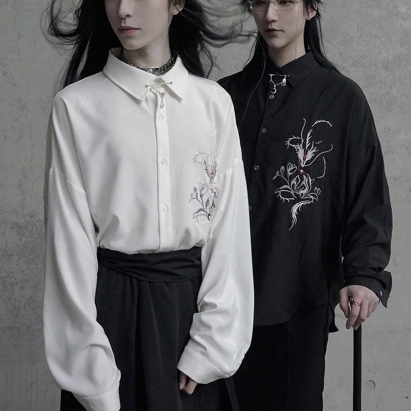チャイナ風シャツ レディース 刺繍トップス メンズ ブラウス オリジナル 黒/白 男女兼用 龍紋