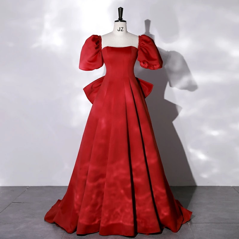 カラードレス 半袖ロングドレス 前撮りドレス 披露宴 Aラインドレス 結婚式 花嫁 パーティードレス 編み上げタイプ フォーマルドレス ステージ衣装 演奏会用ドレス 撮影 二次会 無地 豪華ドレス ハ