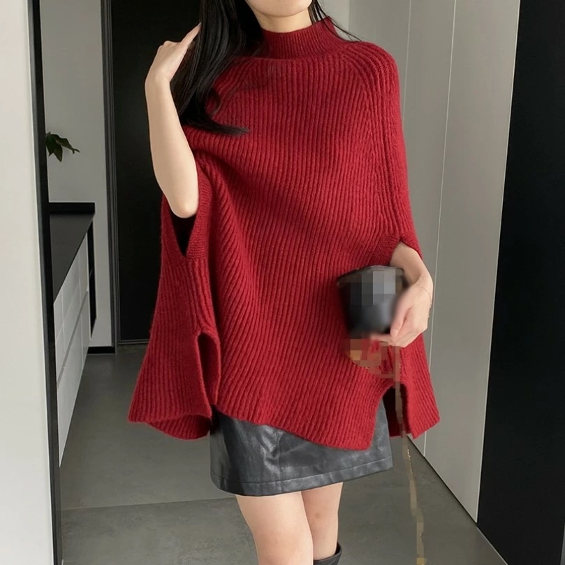 クーポン マントコート ポンチョ ニットセーター レディース 体型カバー リブニット タートルネック アウター 春 秋冬 秋 無地 ハイネック ケープ トップス 着痩せ オシャレ 暖かい 大きいサイズ