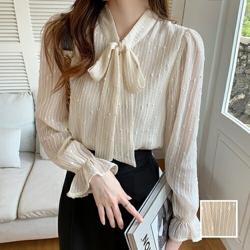 ブラウス シャツ 韓国 ファッション レディース 秋 冬 カジュアル コーデ シンプル 定番 セレカジ 20代 30代 40代 2025大きいサイズ ボウタイ シアー シフォン風 パフスリーブ