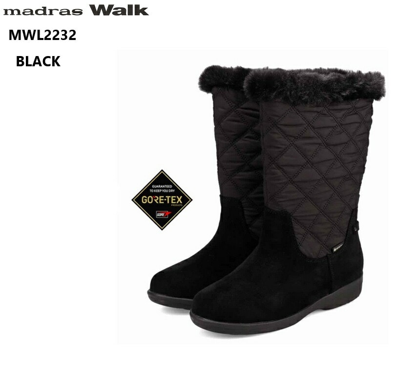 madras Walk(マドラスウォーク)MWL2232 GORE-TEX レディス 幅広4E キルティングハーフ丈ファーカジュアルブーツ 防水 透湿機能の本格的な機能 格子状のキルティングが特徴の