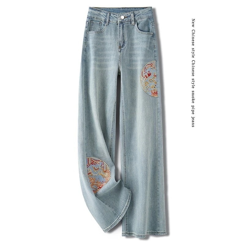 風 ジョガーパンツ ストレート デニムパンツ 着痩せ ジーンズ 刺繍 長ズボン ワイドパンツ ハイウェスト パンツ