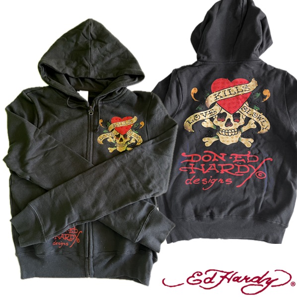 エドハーディー レディース パーカー LOVE KILLS SLOWRY ブラック ラブキル Ed Hardy GEISHA PARASOL エド・ハーディー 正規品 海外 LAセレブ 着用 ファッシ