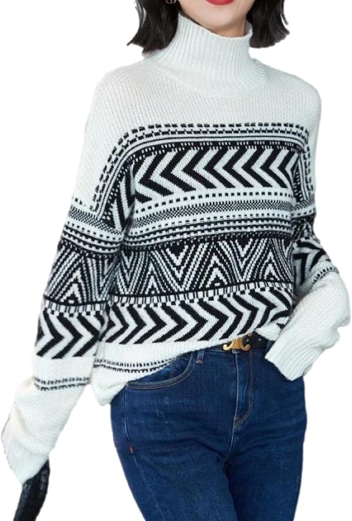 ジェイスコット フェアアイル柄ニット レディース ボトルネックセーター ドロップショルダー 長袖 ゆったり 幾何学 (ホワイト, XL)