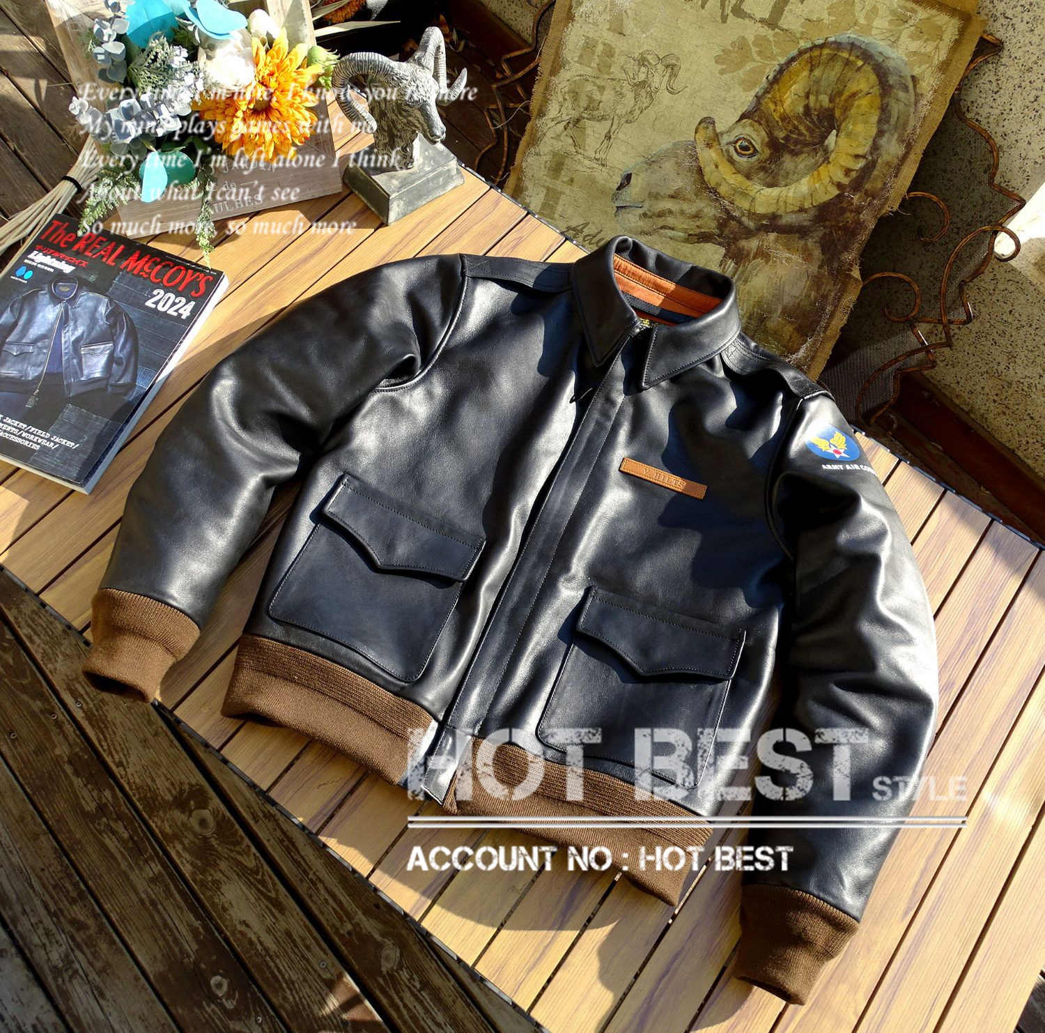 1.2mm 黒芯ホースハイド 復刻40s USAF TYPE A-2 V. HILTS フライトジャケット 革ジャン WWII 1942 染料仕上げ 植物鞣し 馬革