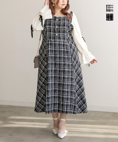 大きいサイズ レディース LL 3L 4L XL XXL XXXL CLETTEオリジナル袖リボンチェック柄ツイードワンピース