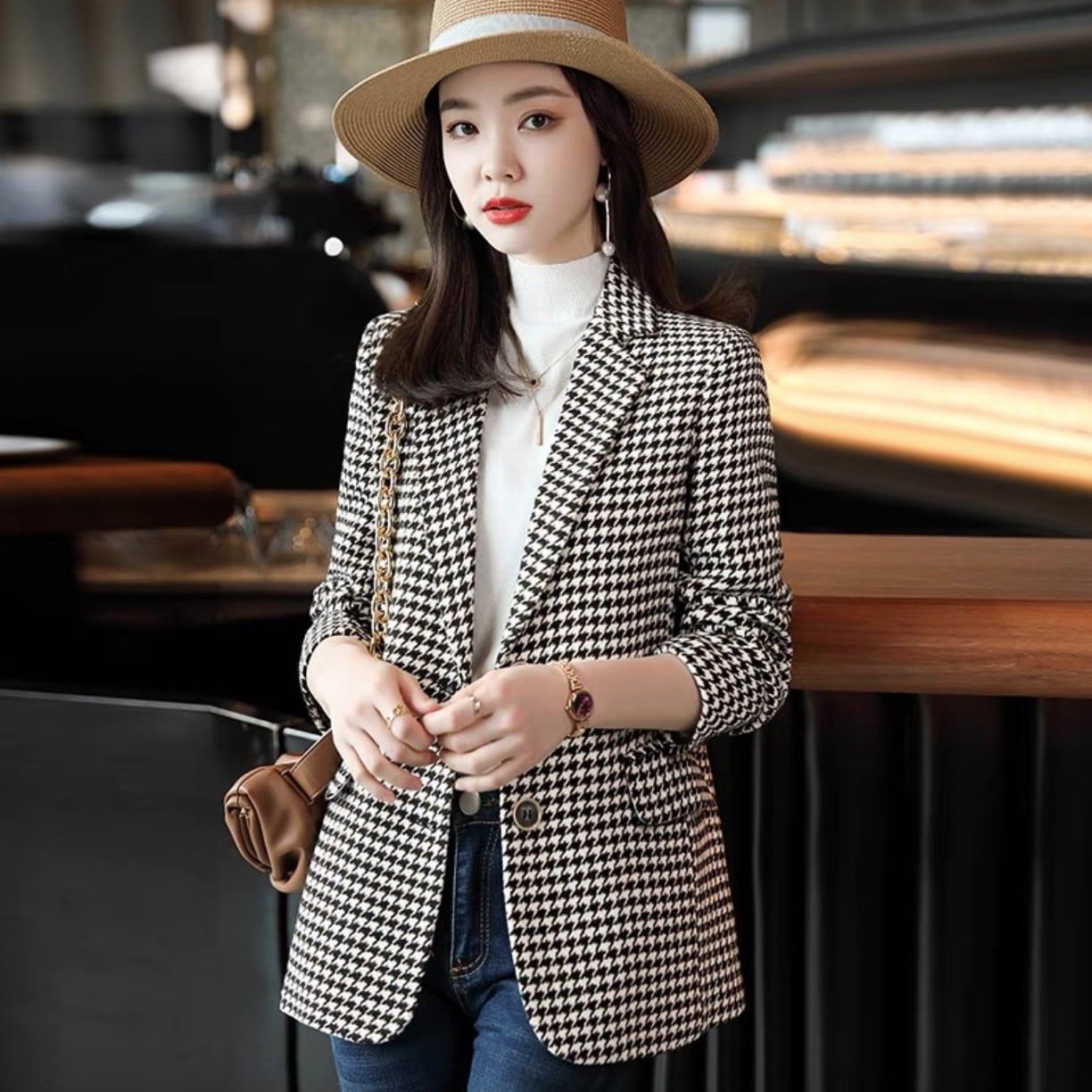 アウター デート ジャケット 上着 袖あり 長袖 スリム タイト 細身 春 秋 10代 20代 個性的 ホワイト チェック柄 千鳥格子 こなれ感 M L XL 2XL 3XL レトロ クール 7,123円