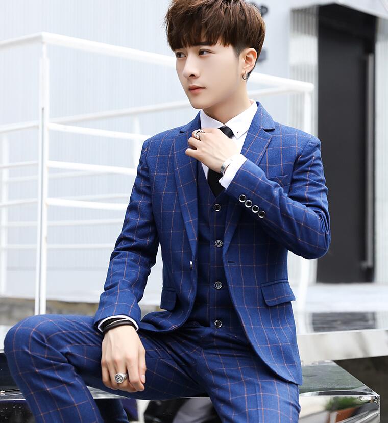 品質保証韓国風 ビジネススーツ チェック柄 ３点セットアップ メンズファションドレス 通勤 細身 お兄系ー ズボン 結婚式 フォーマル 司会 演奏会 カジュアルスーツ ジャケット+ズボン+ネクタイ