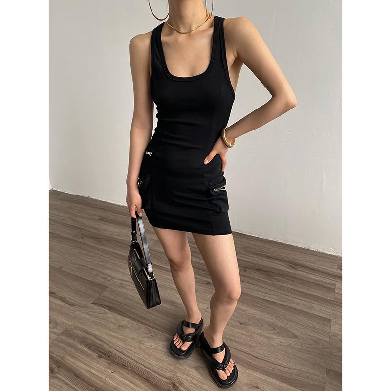 ワンピース ドレス スカート レディース おしゃれ ファッション Uネック ポケット 夏 スリムフィット カジュアル ノースリーブ ミニ丈 シンプル レイヤード