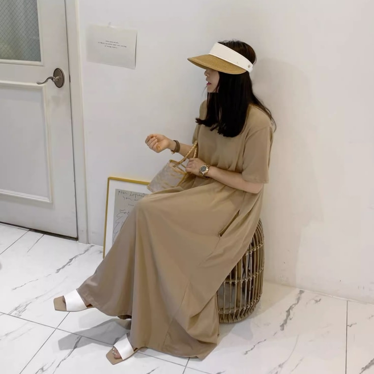 ワンピース ワンピドレス ロング ロング丈 袖あり 半袖 ラウンドネック 襟なし セミフレア Aライン ポケット ハイウエスト 綿 かわいい 大人可愛い シンプル 大人 おしゃれ お洒落 アジアン