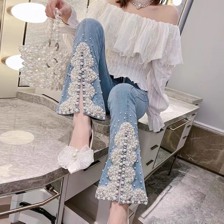 2024 春夏 ハイウエスト スリムフィット 織りデザイン 重工業 ビーズ ダイヤモンド スプリット ストレッチ ジーンズ レディースジーンズ レディース トレンド 母の日