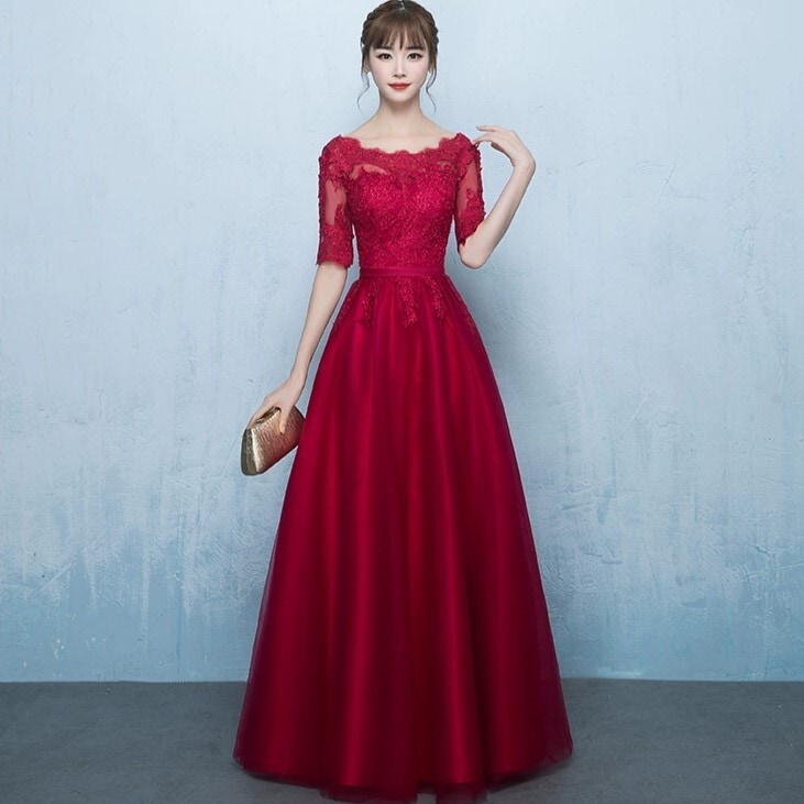 ウェディングドレス 結婚式ドレス 二次会ドレス カラードレス ロングドレス ステージドレス ロング丈 5分袖 ラウンドネック Aライン 切り替えデザイン レース ウエストマーク ハイウエスト 透け感