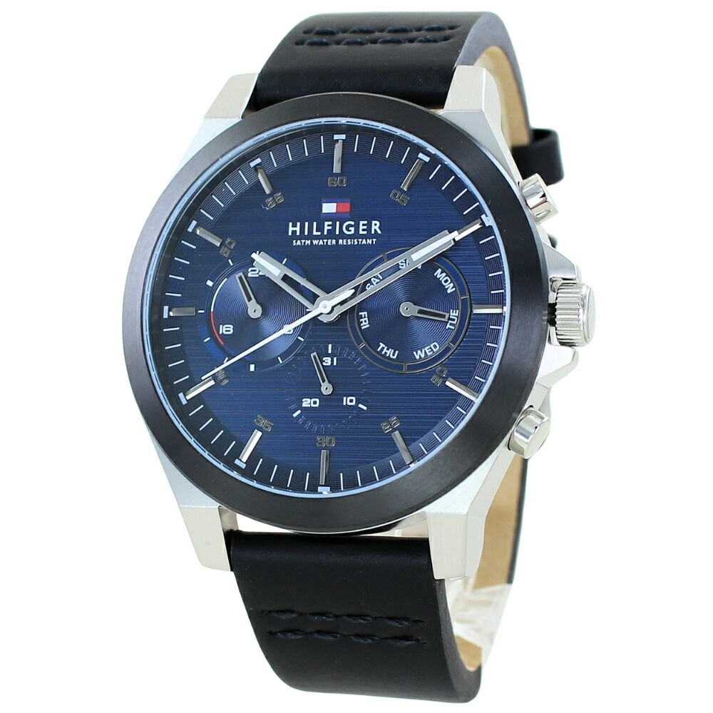 トミーヒルフィガー 腕時計 メンズ おしゃれ シンプル ブルー文字盤 黒 革ベルト 時計 ブランド メンズ腕時計 アナログ腕時計 仕事用 大人 男性 ビジネス ウォッチ ギフト 夫 父 彼氏 プレゼン