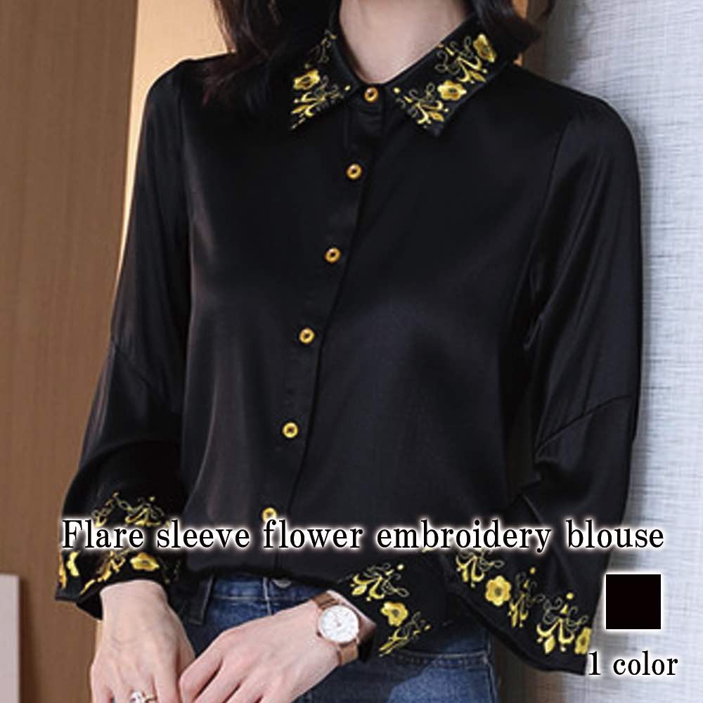 シャツ レディース フレア袖花刺繍ブラウス 長袖 暖かい スポーツ かわいい おしゃれ 秋 厚手 ブラウス カットソー しわになりにくい 麻 ポロシャツ 大人 ゆったり 春 形態安定 ランニング 事務