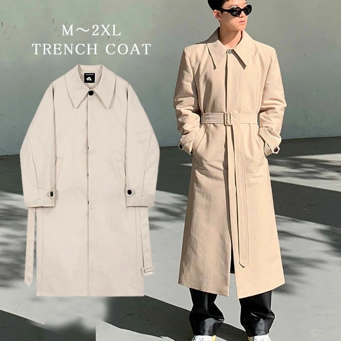 トレンチコート メンズ 長袖 コート ロング スプリングコート シンプル ロング丈 秋 コート 韓国 ファッション アウター ビジネス 細身 スリム 無地 メンズファッション 通学 通勤 秋新作