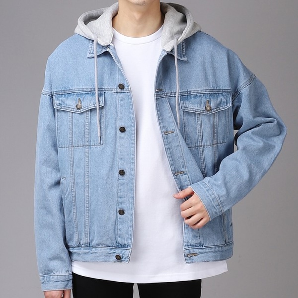 (Juans) オーバーフィットデタッチャブルフードウォッシュブルーデニムジャケット CIJP6113