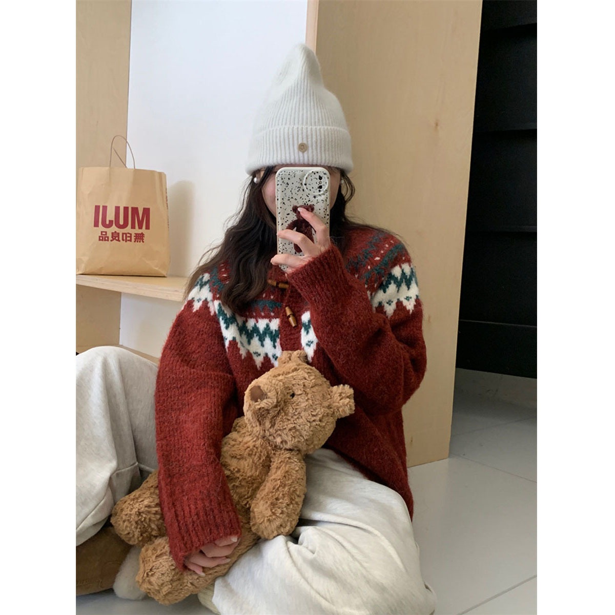 クリスマス レトロ フェア アイル セーター コート レディース 秋冬 ソフトでワクシー ルーズ レイジー ホーン ボタン ニット セーター カーディガン 5747