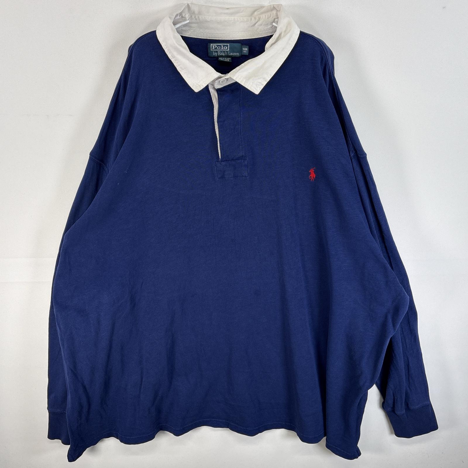 古着 90s/90年代 ポロバイラルフローレン Polo by Ralph Lauren 長袖 ラガーシャツ ワンポイント ロゴ 刺繍 エルボーパッチ 大きいサイズ 5XB ネイビー系 無地 メン